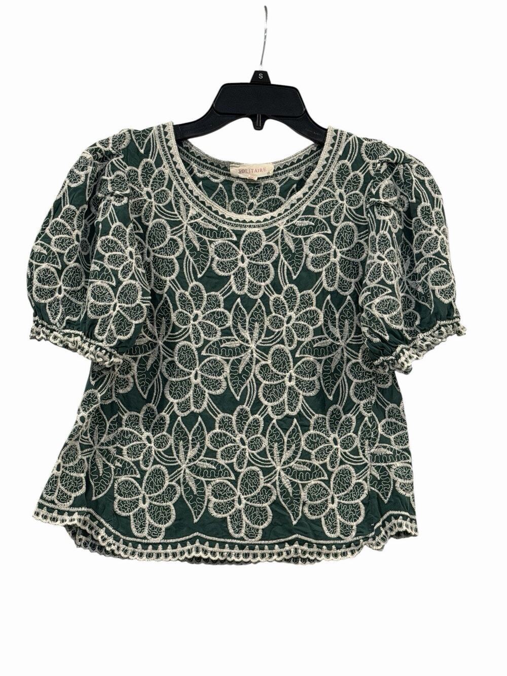 Solitaire Blouse Green Embroidered Ruffle Sleeves SZ S Cottagecore Bohemian